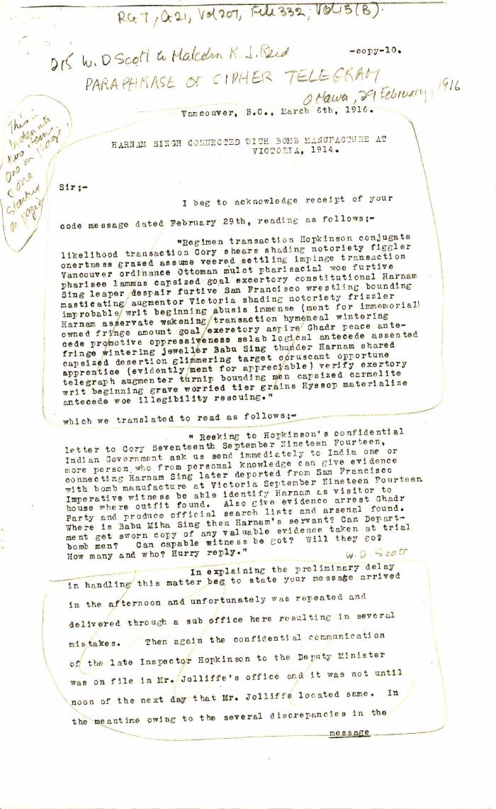 Harnam Singh connected with bomb manufacture at Victoria, 1914 [William D. Scott, Superintendent of Immigration, to Malcolm R. J. Reid, Dominion Immigration Agent, Ottawa]