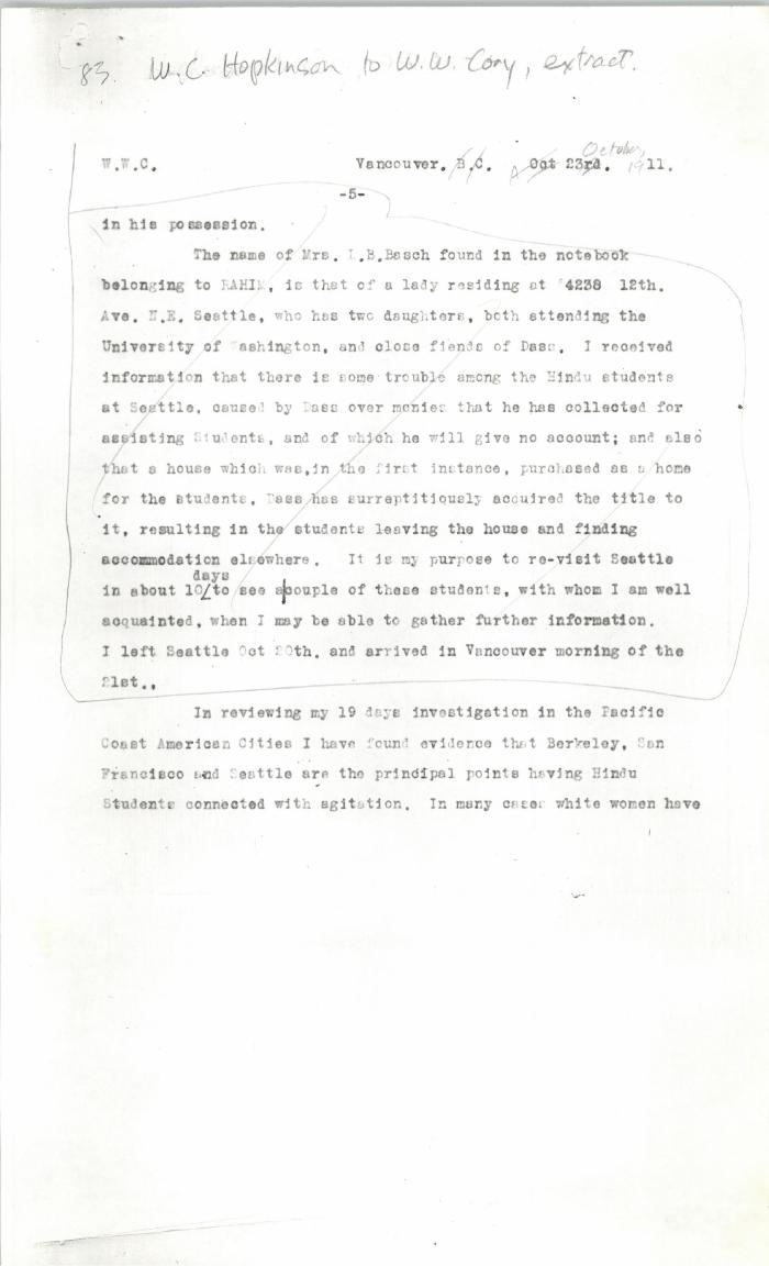 [Extract from William C. Hopkinson, Immigration Inspector, to William W. Cory, Deputy Minister of the Interior. Copy]
