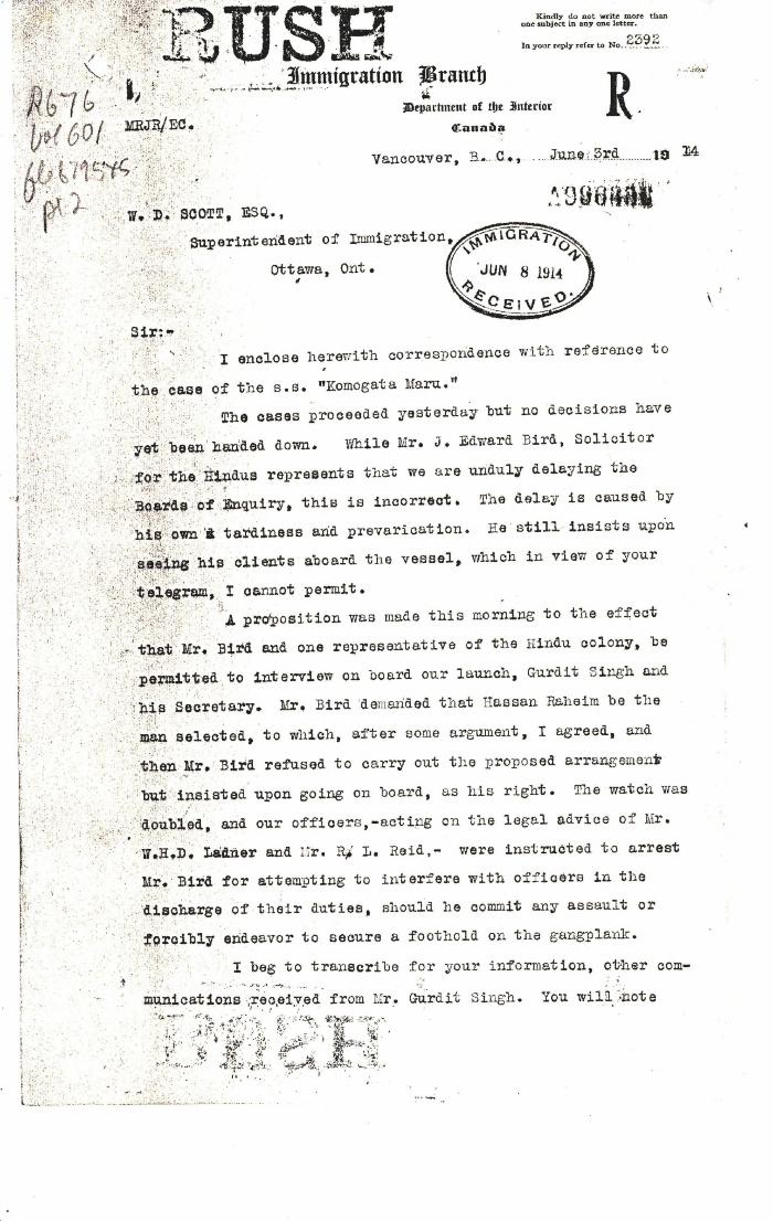 [Malcolm R. J. Reid, Dominion Immigration Agent, to William D. Scott, Superintendent of Immigration. Original]