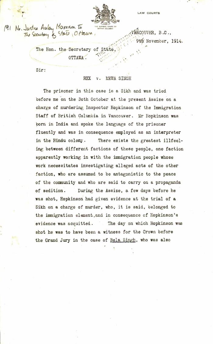 Rex v. Mewa Singh [Aulay Morrison, judge, to Louis Coderre, Secretary of State for Canada]