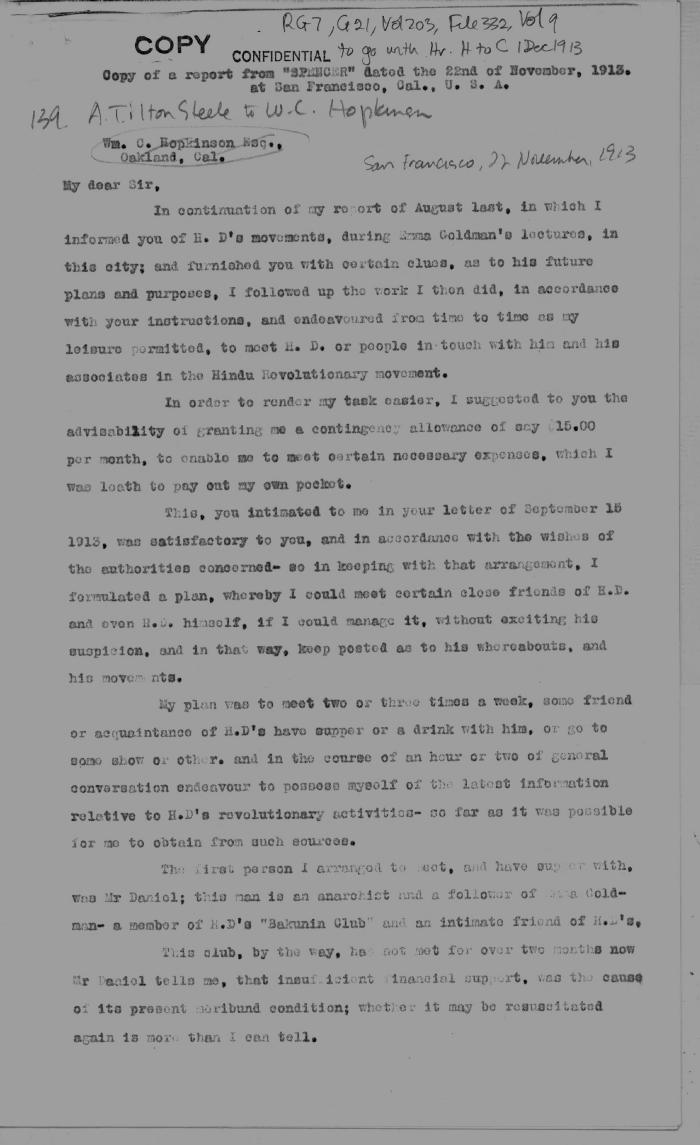 [Extract from Arthur Tilton Steele, San Francisco, to William C. Hopkinson. Copy]