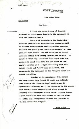 [E. Blake Robertson, Assistant Superintendent of Immigration, to Mr. Cote. Copy]