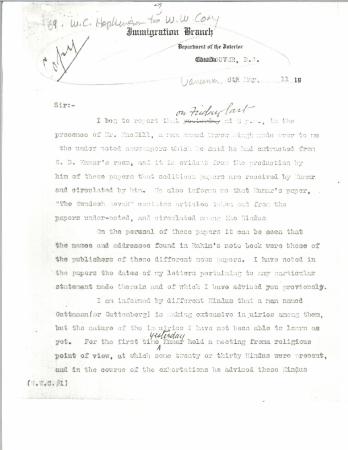 [William C. Hopkinson, Immigration Inspector, to William W. Cory, Deputy Minister of the Interior. Copy]