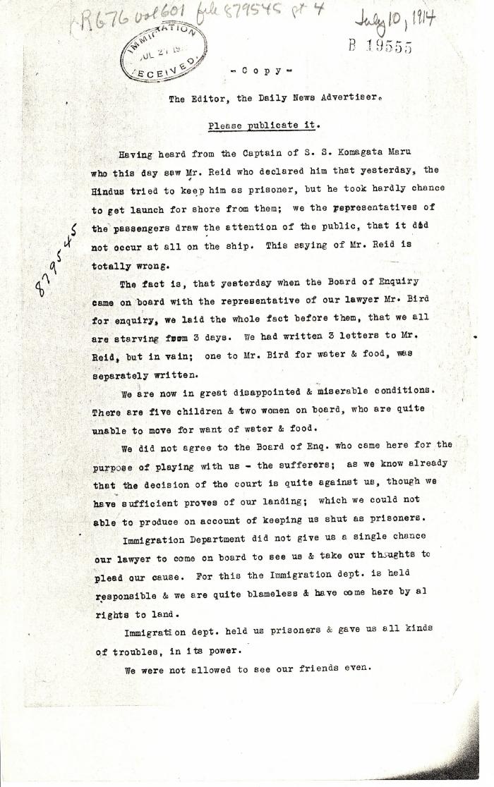 [Komagata Maru passengers committee to the Editor, the Daily News Advertiser, Vancouver]