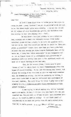 [Sarangadhar Das to Swami Trigunatita, San Francisco. Copy]
