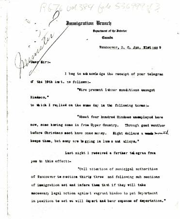 [J. H. MacGill, Immigration Agent, to William W. Cory, Deputy Minister of the Interior. Copy]