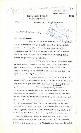 Malcolm R. J. Reid, Dominion Immigration Inspector for B.C. to H. H. Stevens, M.P.