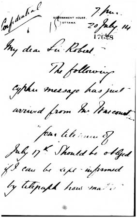 [Arthur F. Sladen to Sir Robert Borden]