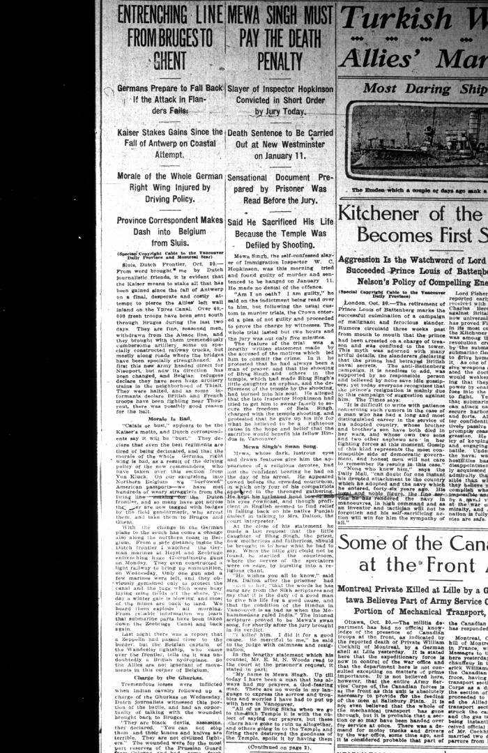 Newsclipping - Vancouver Daily Province: Mewa Singh must pay the death penalty