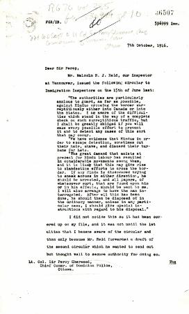 [William D. Scott, Superintendent of Immigration, to Lieut.-Col. Sir Arthur Percy Sherwood, Chief Commissioner of Dominion Police. Copy]