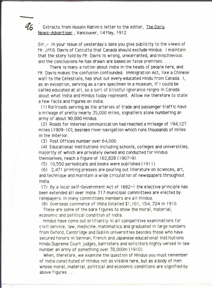 [Extracts from Husain Rahim's letter to the Editor, The Daily News-Advertiser]