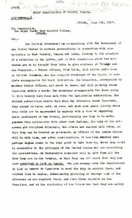[Sir Arthur Percy Sherwood, Chief Commissioner of Dominion Police, to the Comptroller, The Royal North West Mounted Police. Copy]