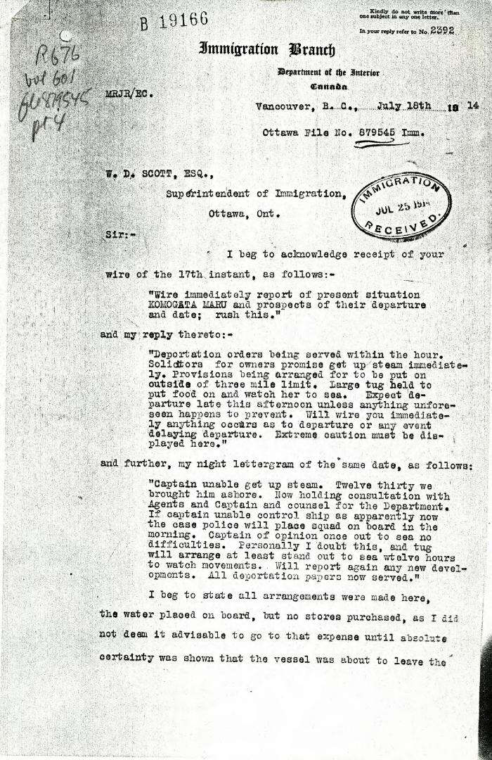 [Malcolm R. J. Reid, Dominion Immigration Agent, to William D. Scott, Superintendent of Immigration]
