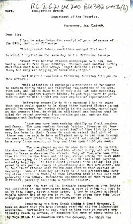 [J. H. MacGill, Immigration Agent, to William W. Cory, Deputy Minister of the Interior. Copy]