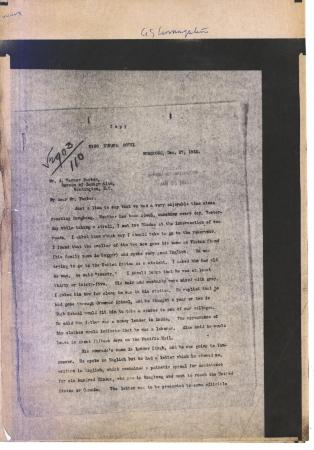 [Daniel J. Keefe to A. Warner Parker, Bureau of Immigration, Washington]