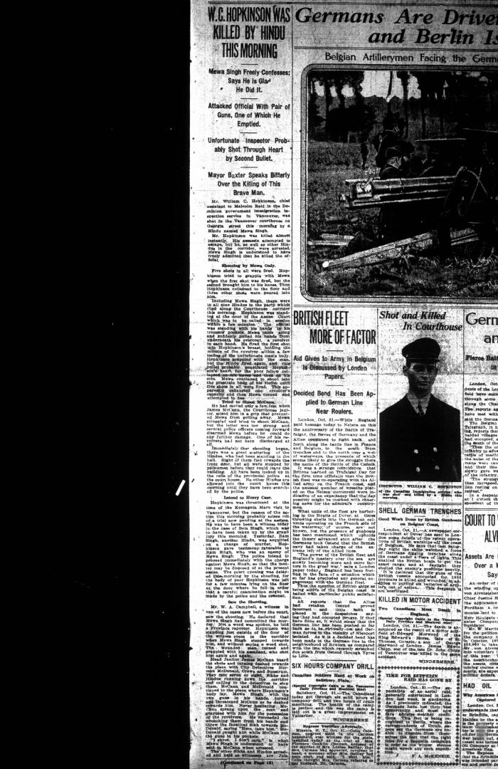 Newsclipping - Vancouver Daily Province: W. C. Hopkinson was killed by Hindu this morning