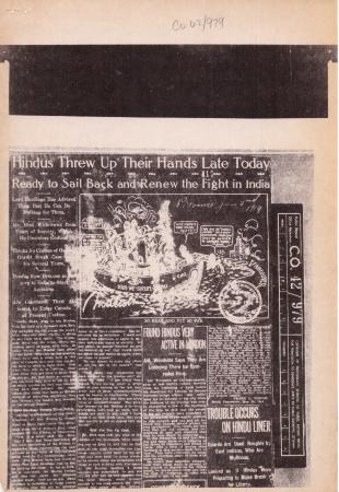 Newsclippings - Vancouver Daily Province: Hindus threw up their hands late today: ready to sail back and renew the fight in India; Found Hindus very active in London; Trouble occurs on Hindu liner