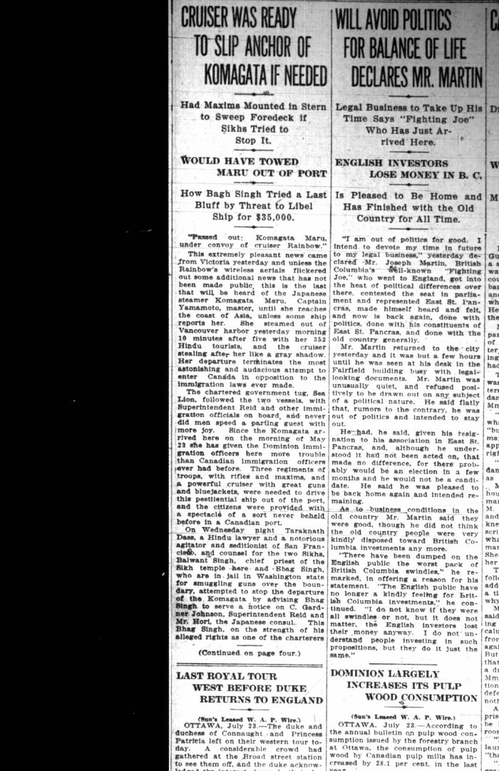 Newsclipping - Vancouver Sun: Cruiser was ready to slip anchor of Komagata if needed