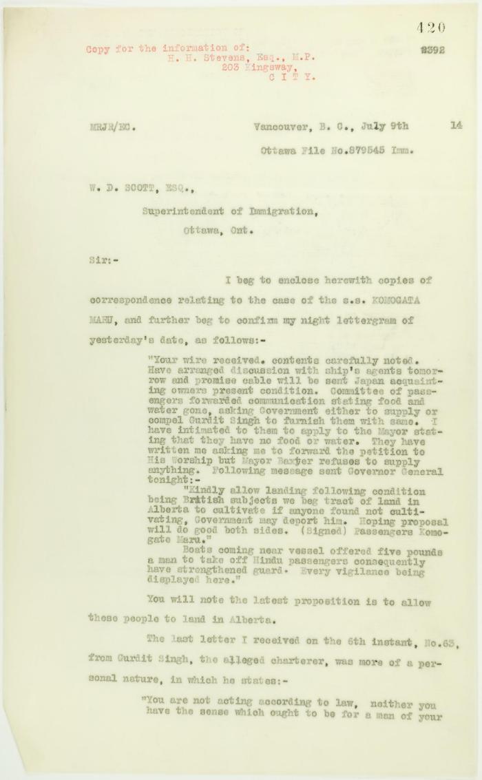 Copy of letter from Reid to W. D. Scott enclosing recent correspondence. Page 1-2