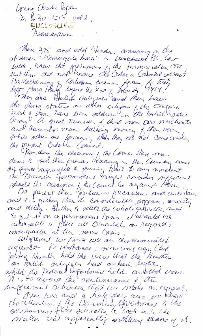 [Memorandum by Sundar Singh, re the treatment of the Komagata Maru passengers]