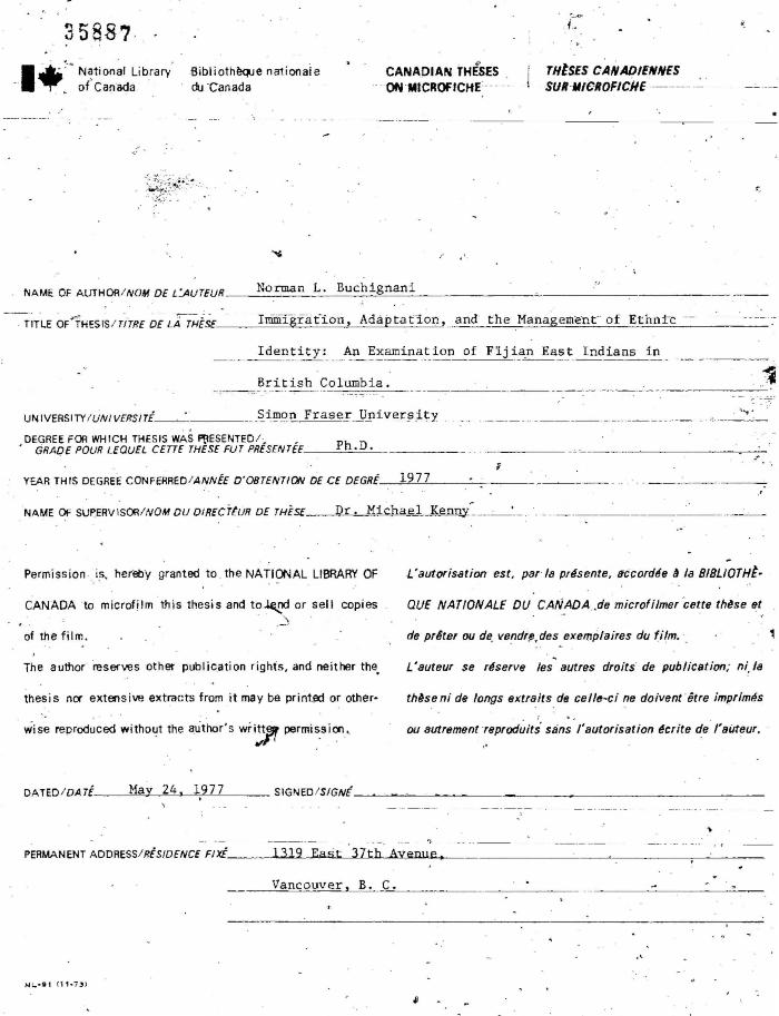 Immigration, Adaptation, and the Management of Ethnic Identity: An Examination of Fijian East Indians in British Columbia