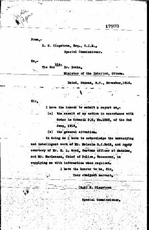[Herbert C. Clogstoun, Special Commissioner. Report to Dr. William J. Roche, Minister of the Interior, on Mission to Vancouver re PC 1265 of 2 June, 1915, with respect to Komagata Maru]