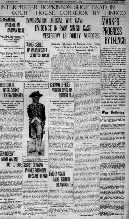 Newsclipping - Vancouver World: Inspector Hopkinson shot dead in court house corridor by Hindoo