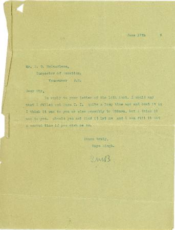 [Letter from Mayo Singh to A. C. McCandless, Inspector of Taxation]