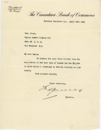 [Letter from [?] Manager, The Canadian Bank of Commerce, to Mayo Singh]