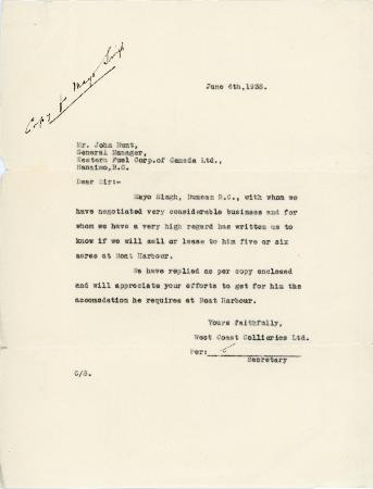 [Letter from West Coast Collieries Ltd. to John Hunt regarding land at Boat Harbour]
