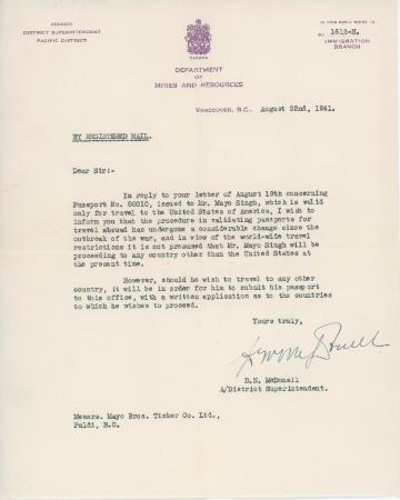 [Letter from D. N. McDonell, A/District Superintendent, Department of Mines and Resources to Mayo Bros. Timber Co. Ltd.]