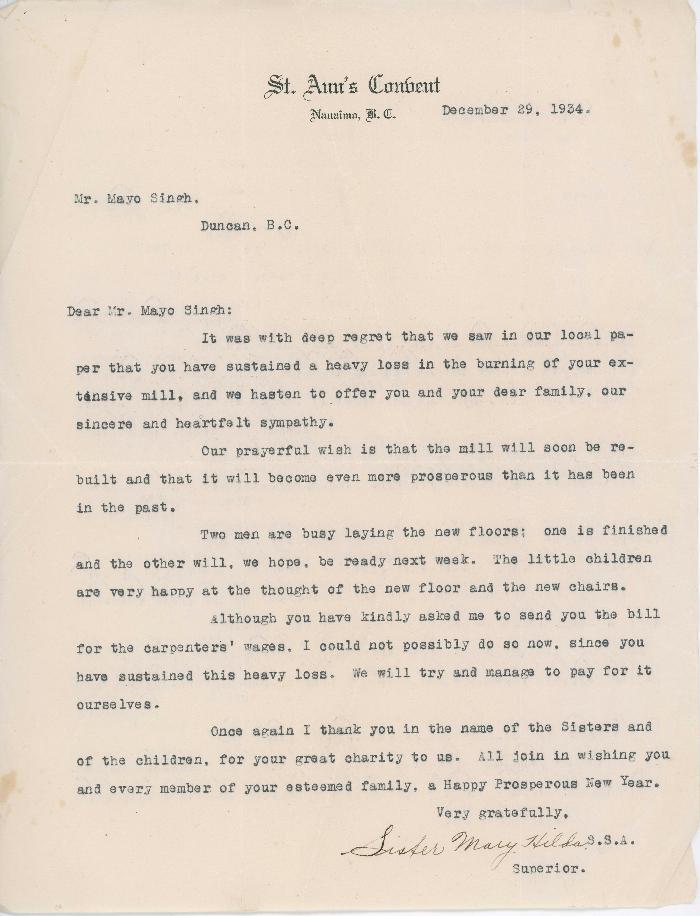 [Letter from Sister Mary Hilda, Superior, St. Ann's Convent to Mayo Singh]