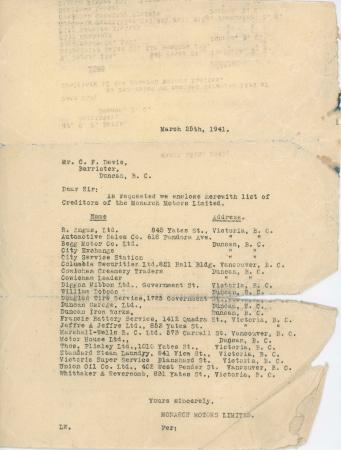[Letter from Monarch Motors Limited to C. F. Davie, Barrister]