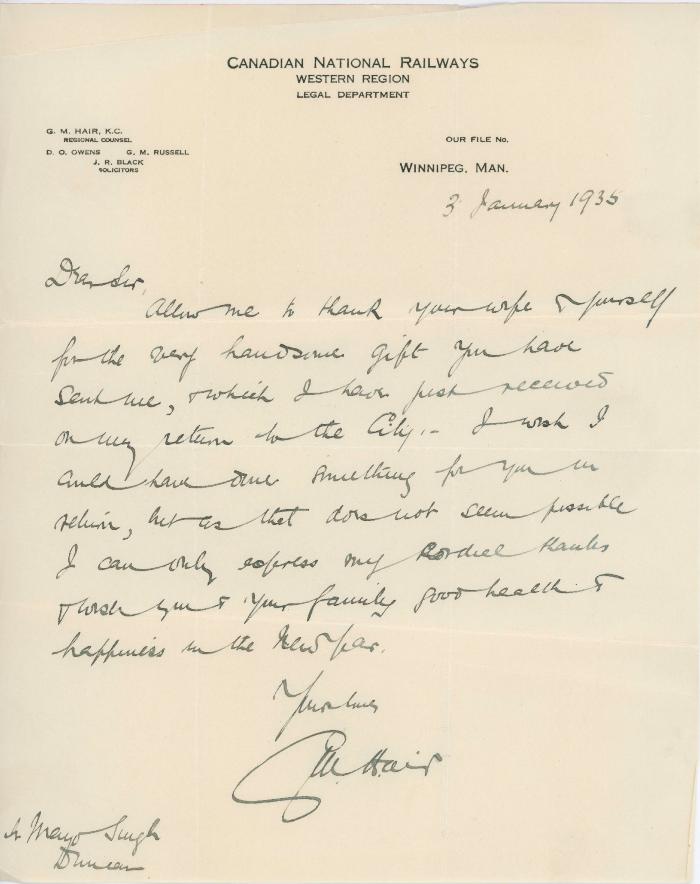 [Letter from G. M. Hair, Regional Counsel, Canadian National Railways, to Mayo Singh]