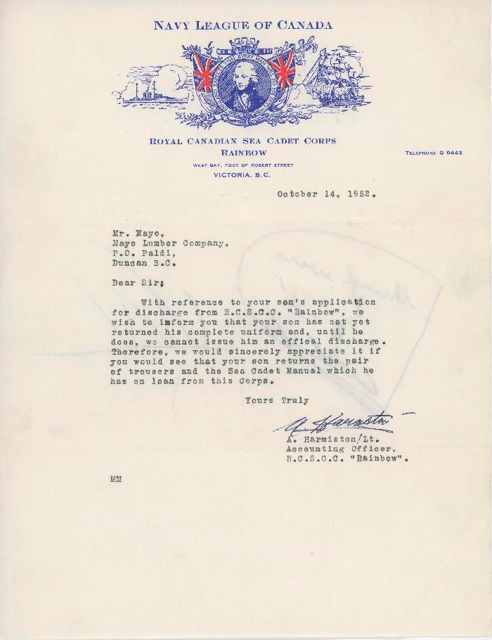 [Letter from A. Harmiston, Accounting Officer, Navy League of Canada, to Mayo Singh]