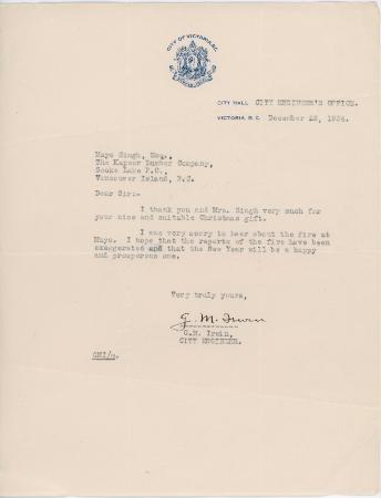 [Letter from G. M. Irwin, City Engineer, City of Victoria, to Mayo Singh]
