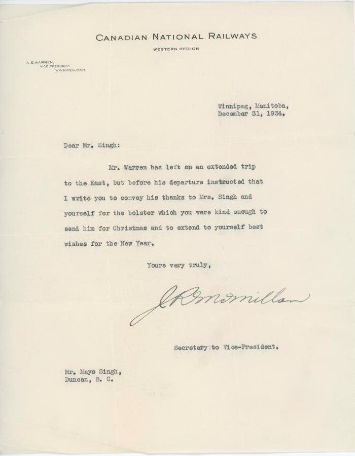[Letter from [?], Secretary to A. E. Warren, Canadian National Railways to Mayo Singh]