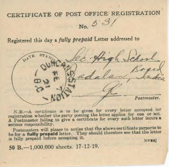 [Certificate of Post Office Registration]