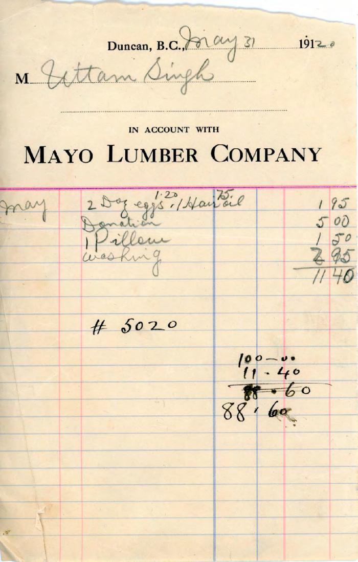 [Receipt from Mayo Lumber Company to Uttam Singh]