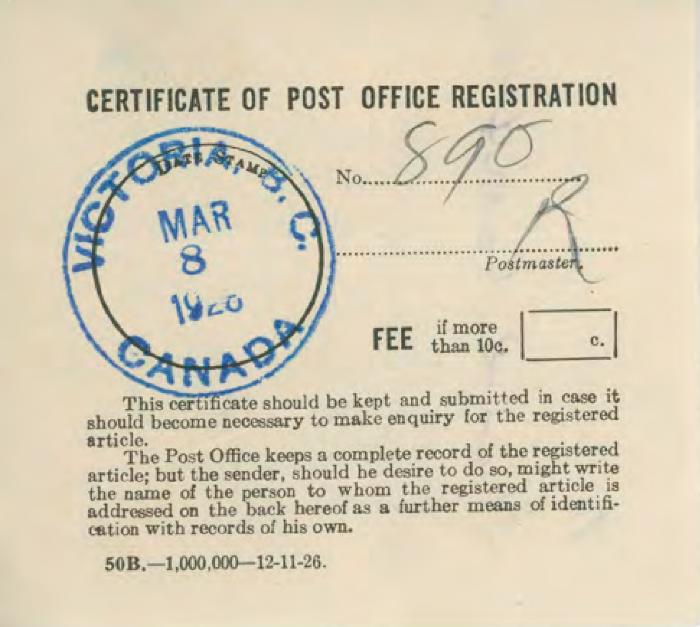 [Certificate of Post Office Registration]