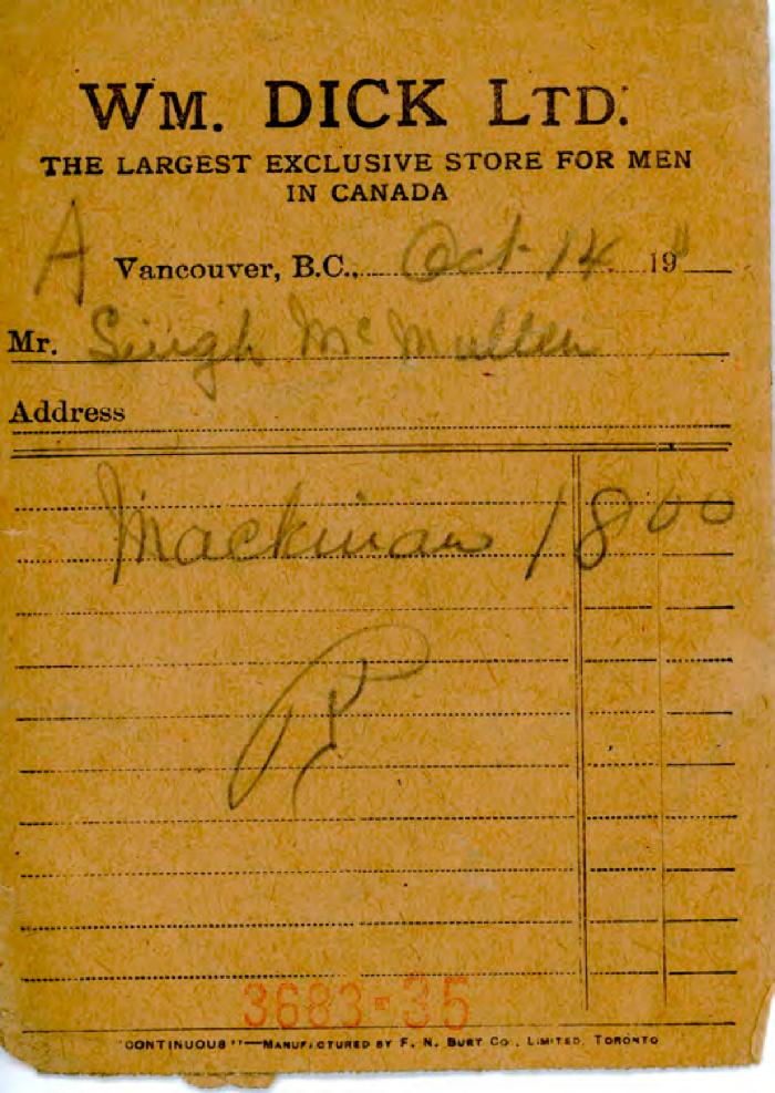 [Receipt from WM. Dick Ltd. to Singh McMullen