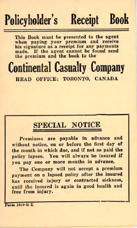 [Policyholder's receipt book issued by the Continental Casualty Company]
