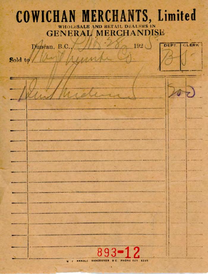 [Receipt from Cowichan Merchants Limited to Mayo Singh]