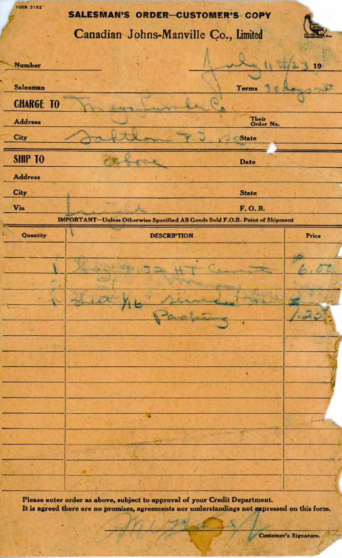 [Receipt from Canadian Johns-Manville Co. Limited to Mayo Singh Co.]