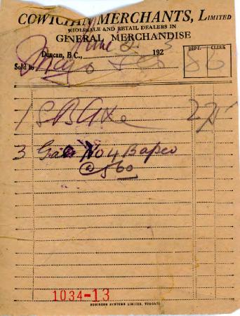 [Receipt from Cowichan Merchants Limited to Mayo Singh]