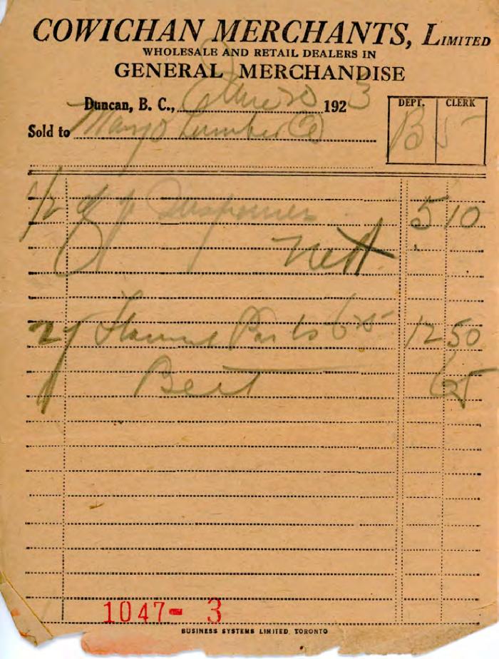 [Receipt from Cowichan Merchants Limited to Mayo Singh]