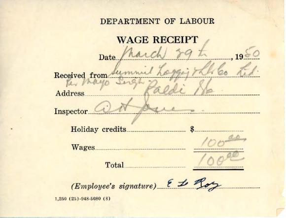 [Wage receipt from the Department of Labour to  Summit Logging Timber Co. Ltd.]