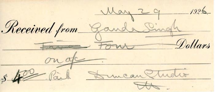 [Cheque from Ganda Singh to Duncan Studio]
