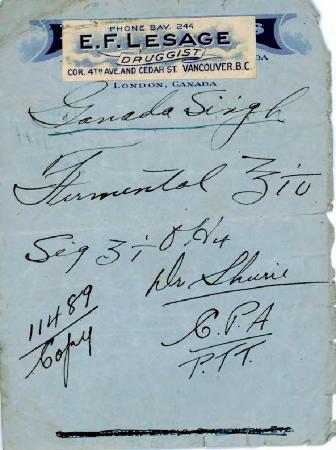 [Receipt from E. F. Lesage, Druggist, to Ganda Singh]