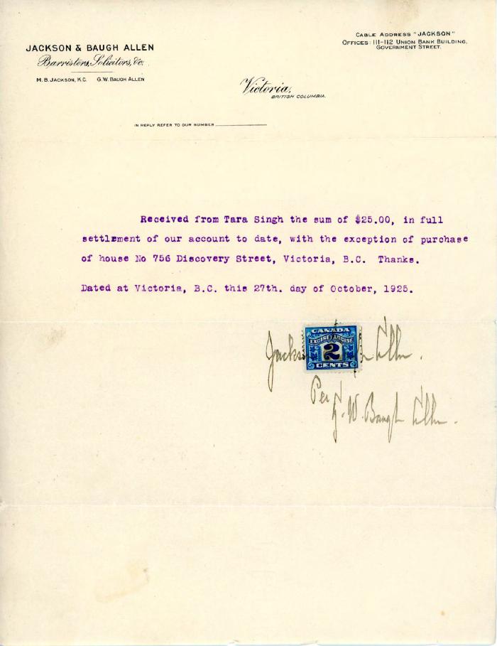 [Receipt from Jackson & Baugh Allen to Tara Singh]
